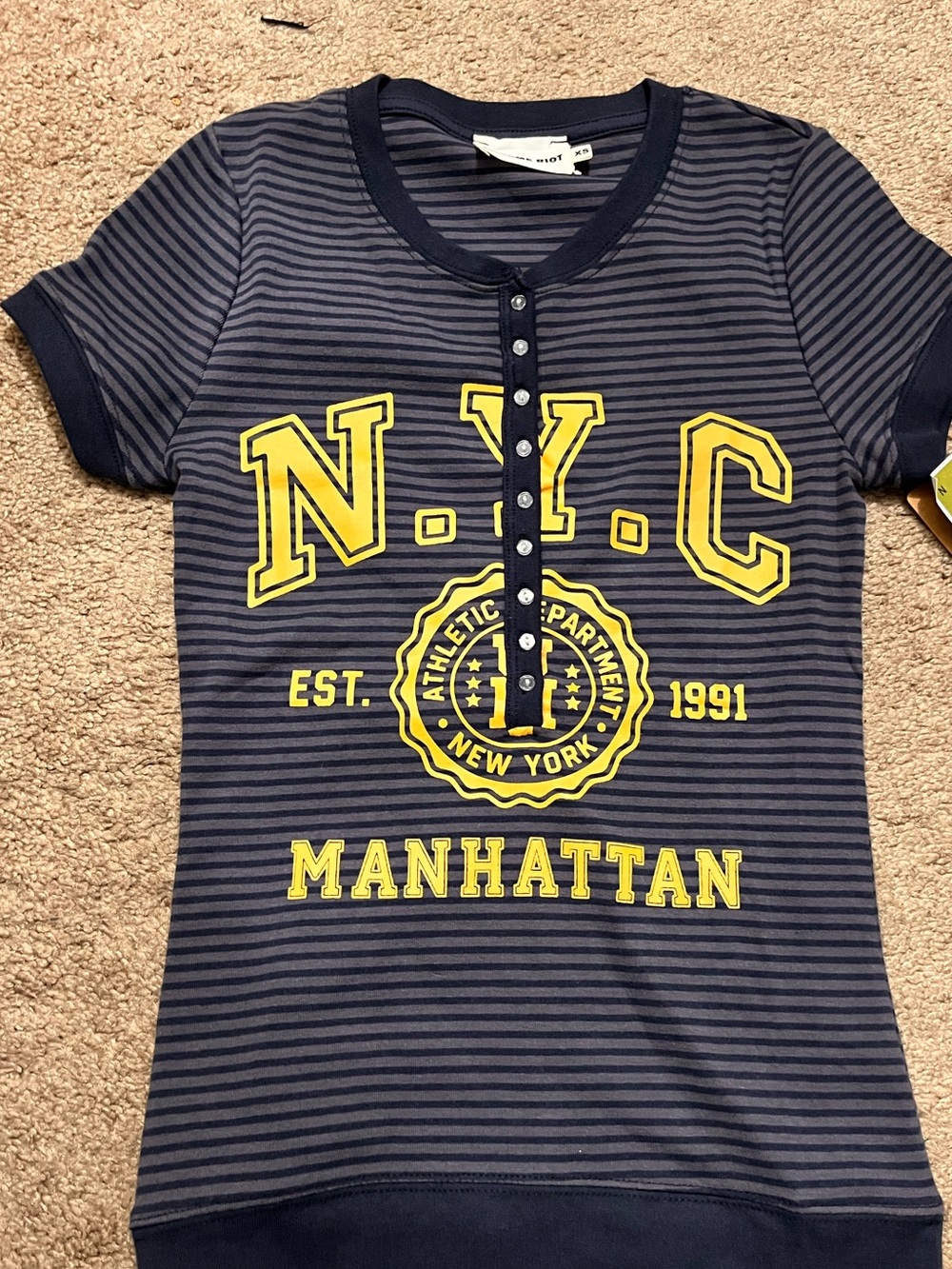 Striped Navy Tank with Yellow N.Y.C. Manhattan Graphic - Women
